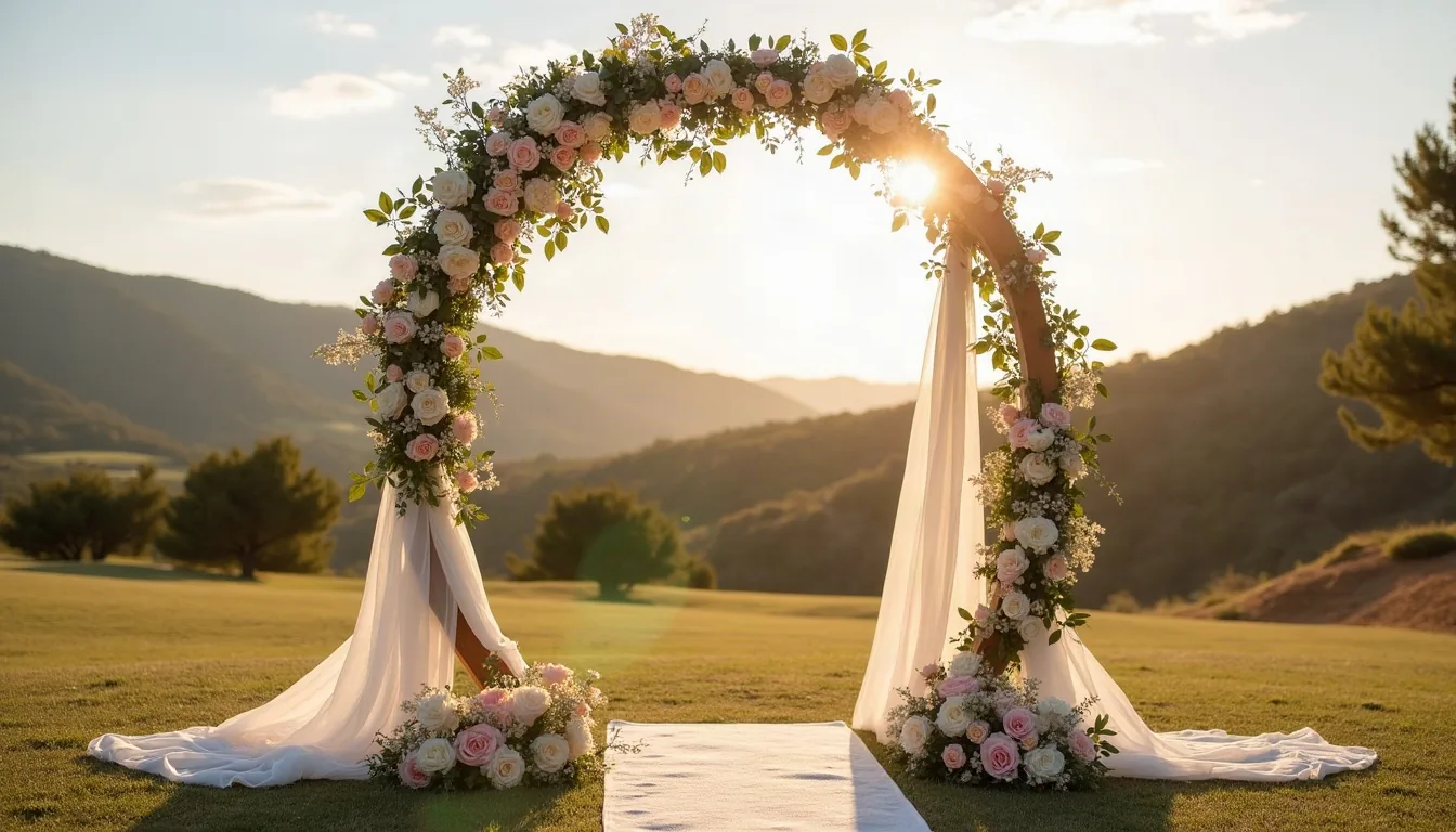 Concepto de arco de boda de medio punto de madera con rosas y lino blanco, generado con IA