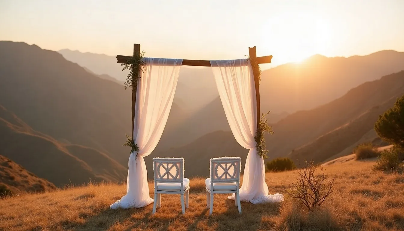 Concepto de ceremonia elopement con arco y dos sillas en la montaña, generado con IA