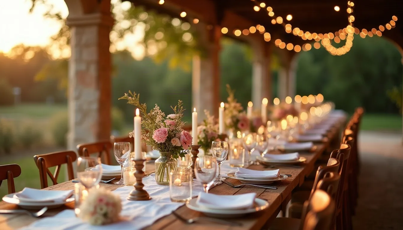 Concepto de banquete de boda en finca con velas y flores, generado con IA