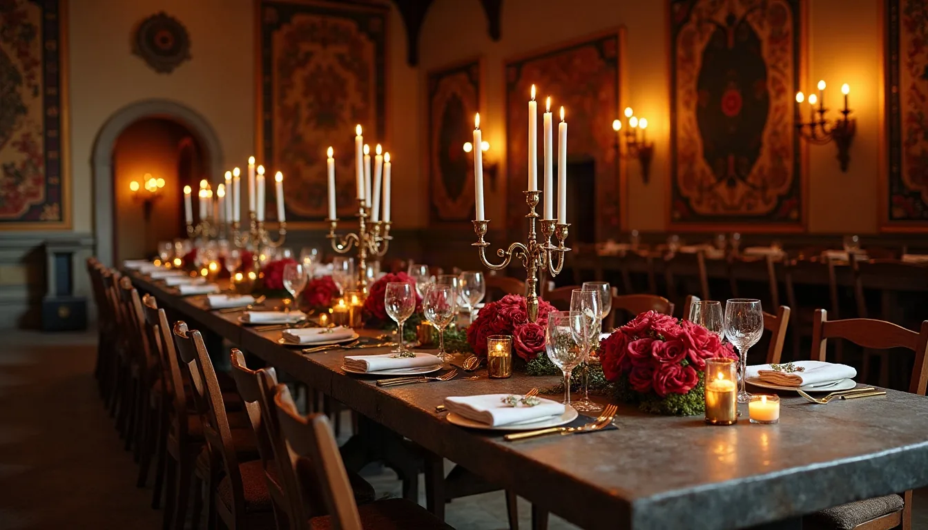 Concepto de salón de castillo con candelabros, tapices y rosas, generado con IA