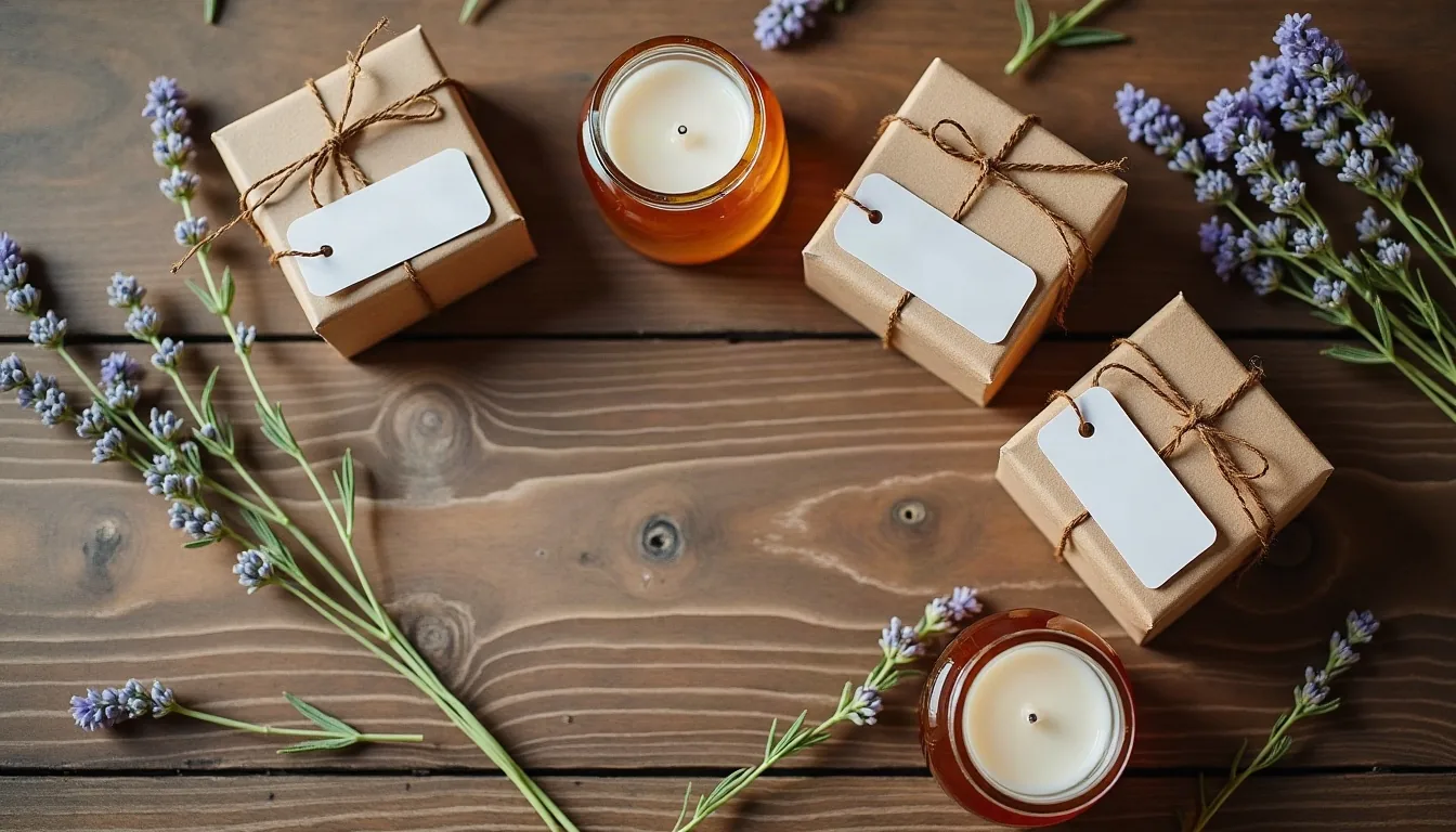 Concepto de detalles para invitados: cajas kraft, miel y velas, generado con IA