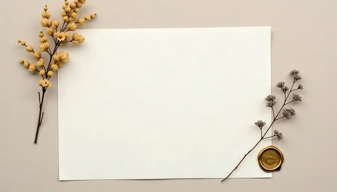 Concepto de invitación de boda en blanco con sello de lacre dorado, generado con IA