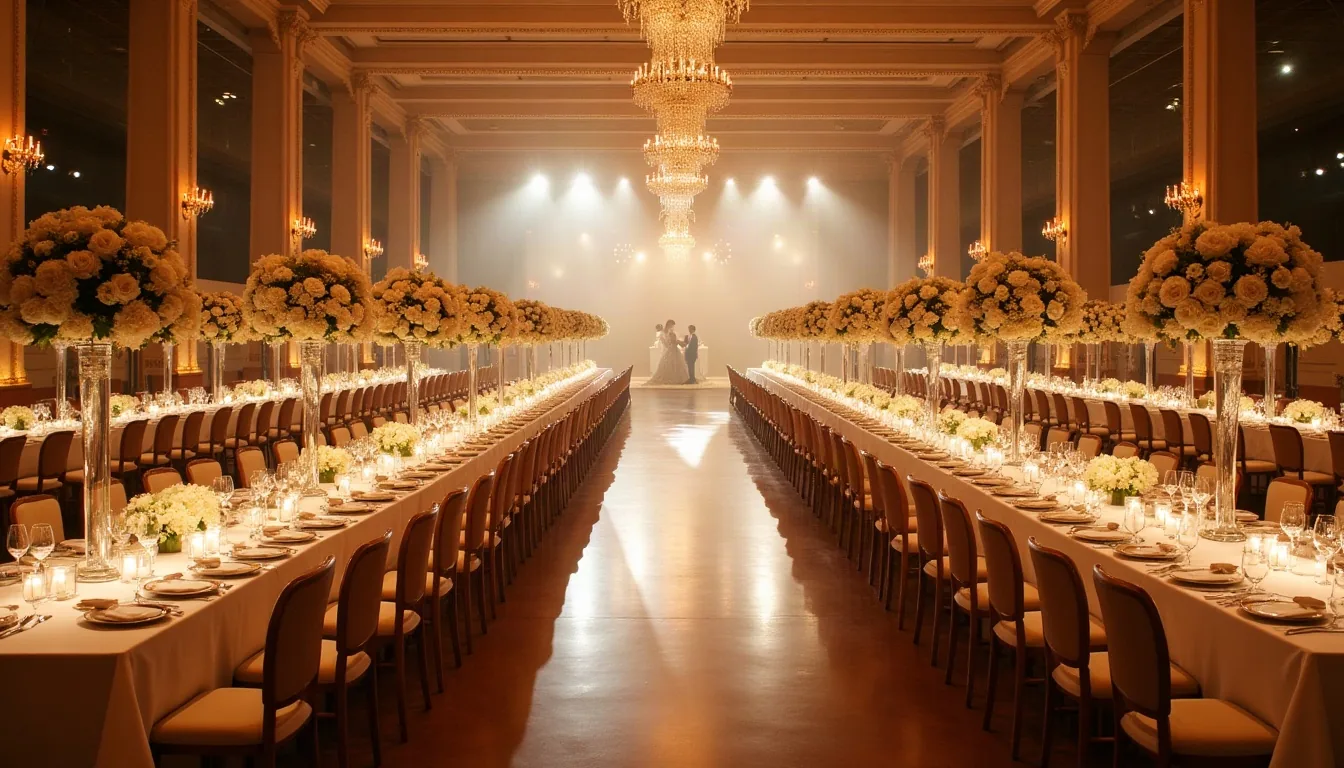 Concepto de gran banquete de boda en salón de gala, generado con IA