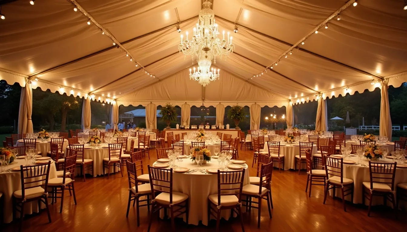Concepto de banquete de boda de gala en carpa, generado con IA