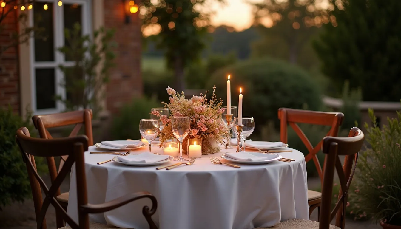 Concepto de cena íntima de boda para pocos invitados en terraza, generado con IA