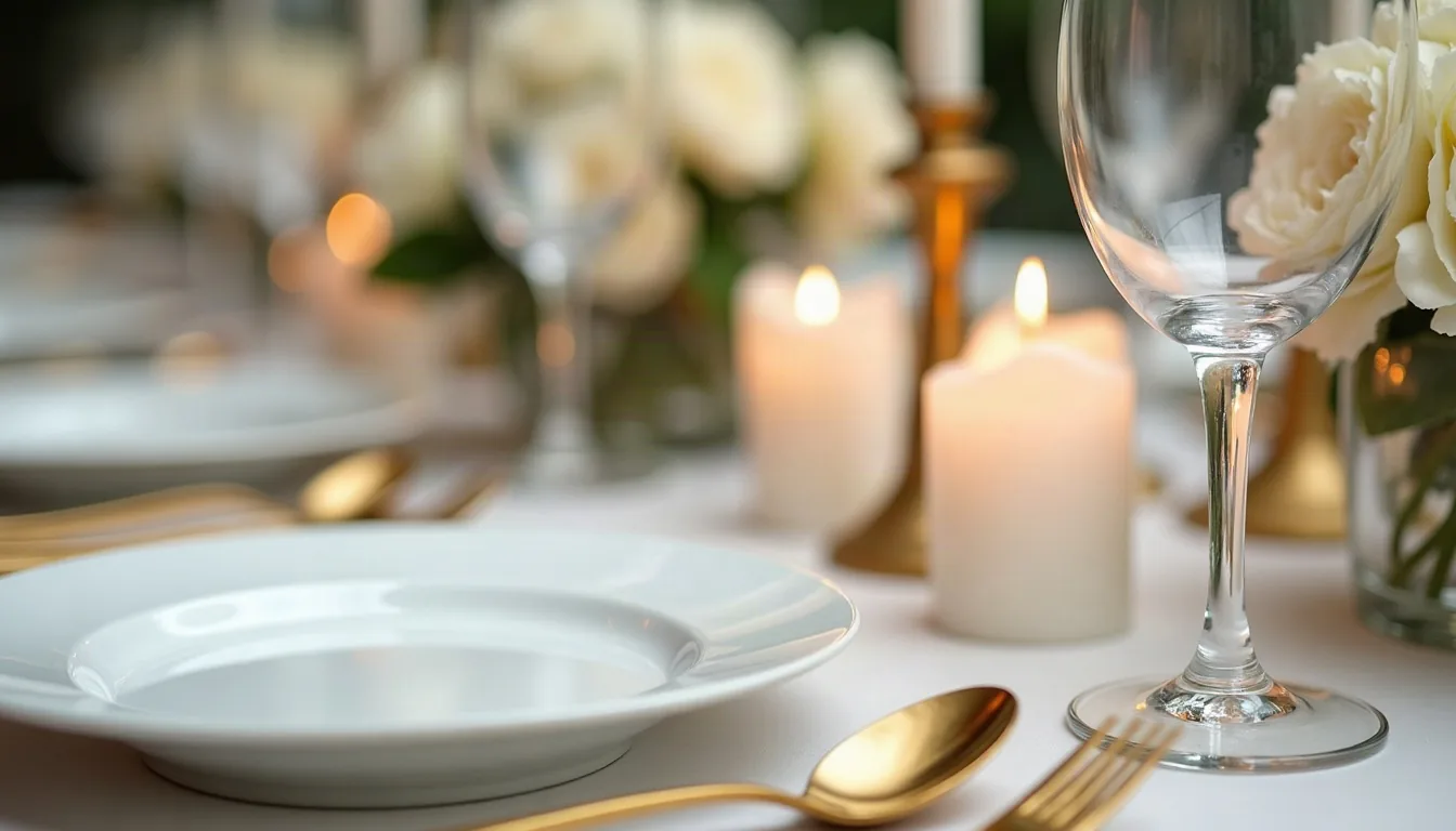 Concepto de detalle de mesa de boda con cubiertos dorados y copas, generado con IA