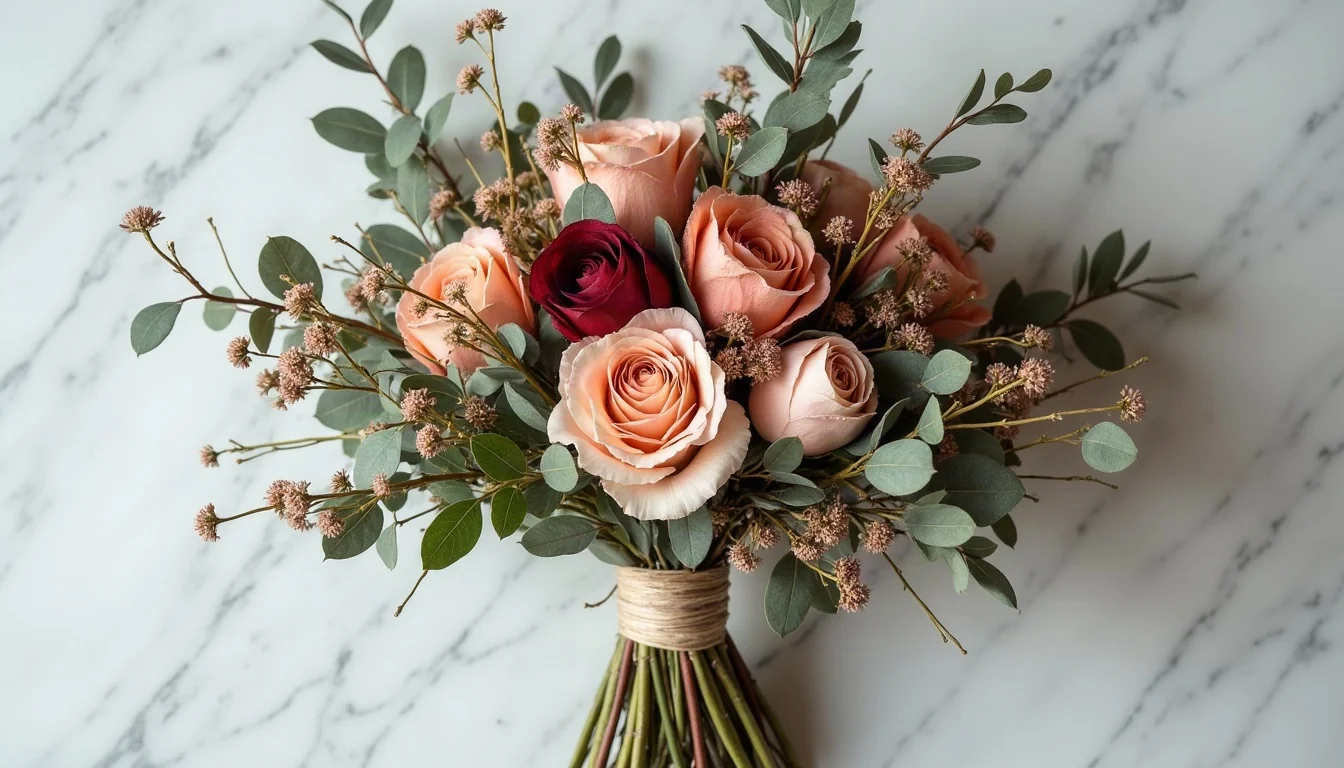 Concepto de ramo de novia silvestre con tonos tierra y eucalipto, generado con IA