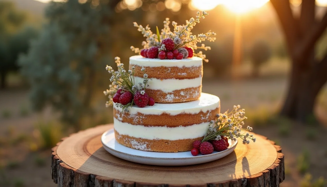 Concepto de tarta de boda naked cake con flores naturales y frutos rojos, generado con IA