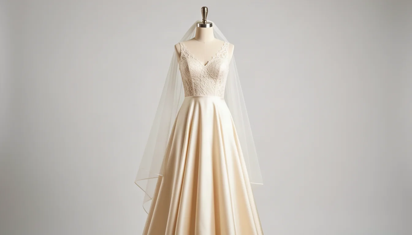 Concepto de vestido de novia minimalista con espalda descubierta y cola ligera, generado con IA