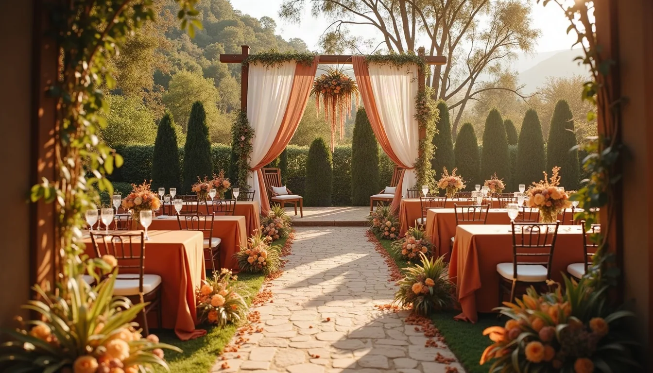 Concepto de boda boho generado con IA: Jardín, macramé y flores sueltas