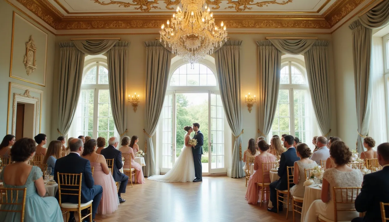 Concepto de boda bridgerton generado con IA: La Regencia: azul pastel, marfil y oro