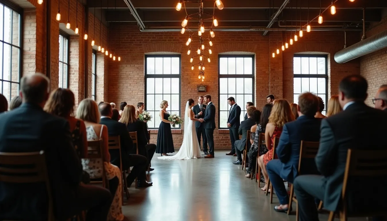 Concepto de boda industrial generado con IA: Ladrillo visto, acero y tungsteno