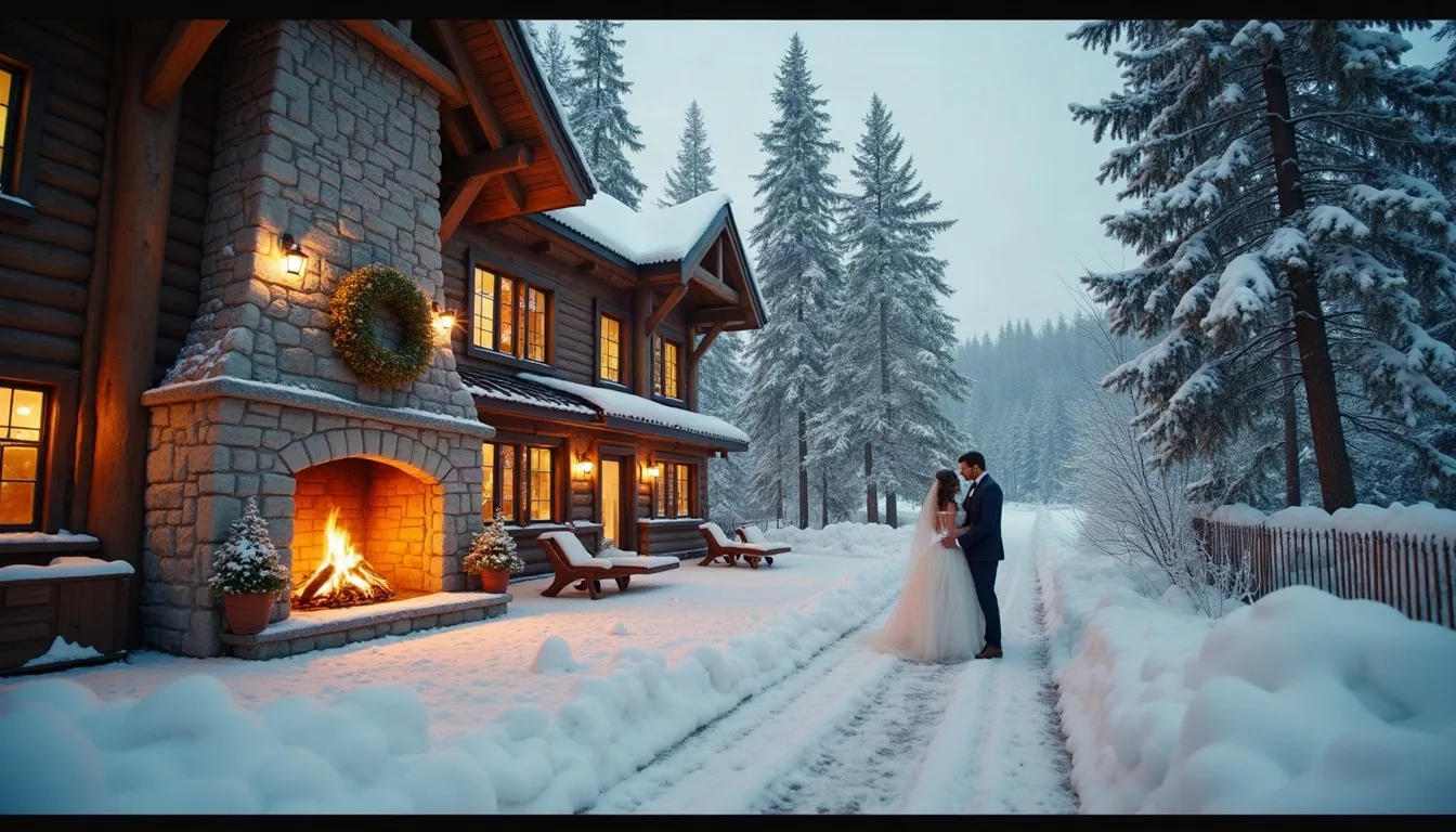 Concepto de boda de invierno generado con IA: Nieve, chimenea y luces cálidas