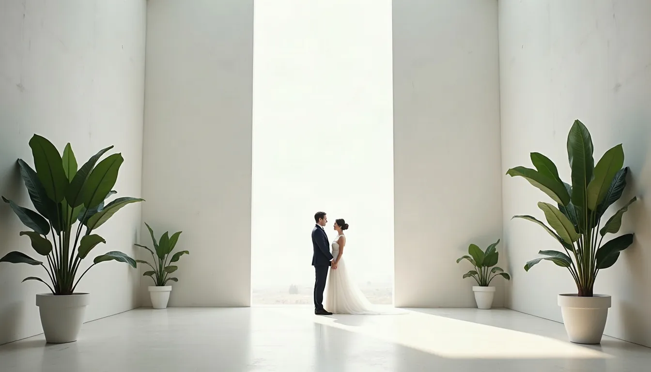 Concepto de boda minimalista generado con IA: Blanco, negro y silencio