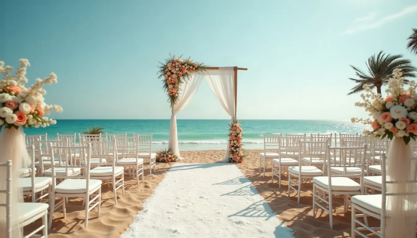Concepto de boda en la playa generado con IA: Arena, salitre y atardecer
