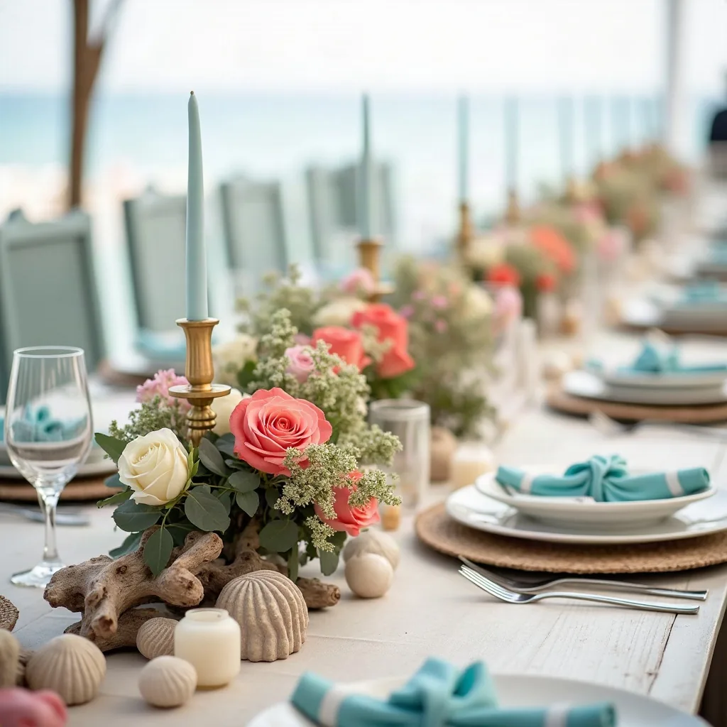 Concepto: La mesa para una boda en la playa (IA)