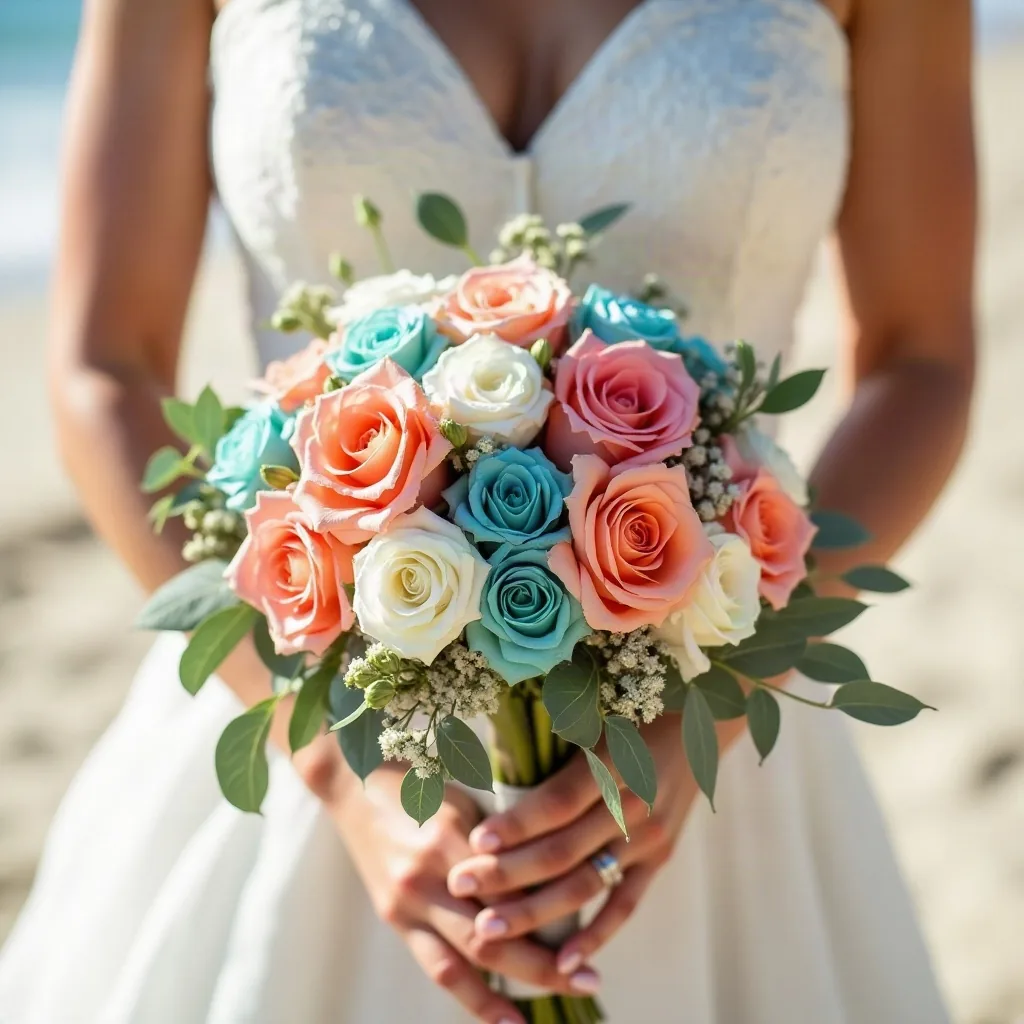 Concepto: El ramo para una boda en la playa (IA)