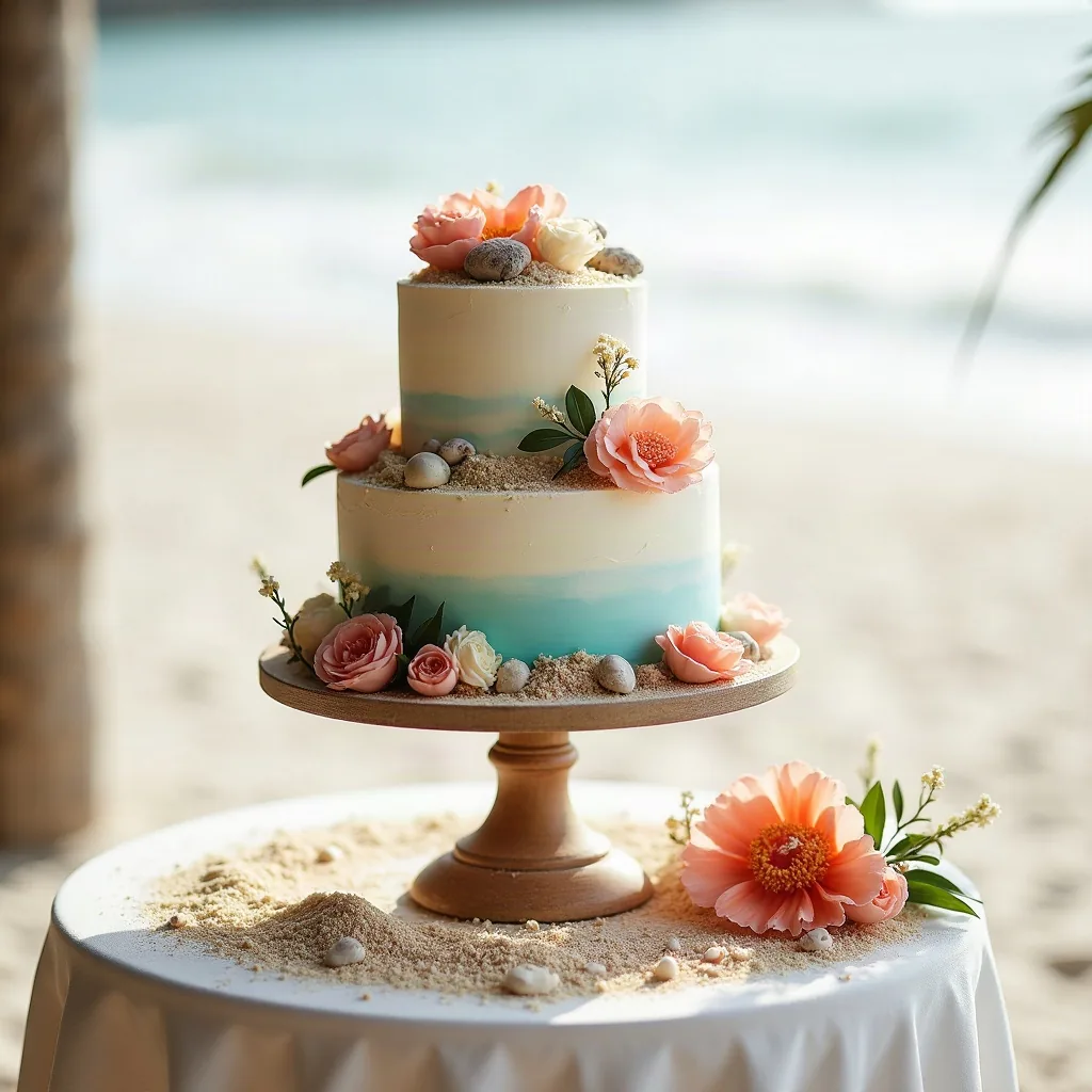 Concepto: La tarta para una boda en la playa (IA)
