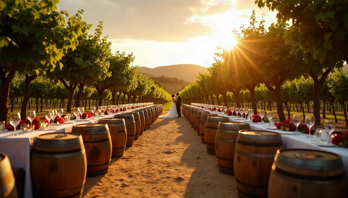 Concepto de boda en viñedo generado con IA: Verde botella, vino tinto y atardeceres